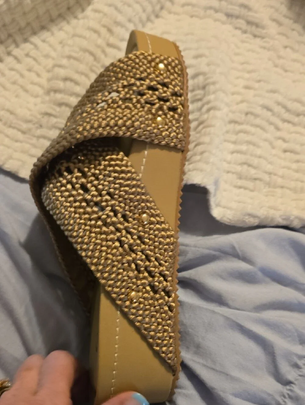 Comfort Cross‑Strap Woven Slide Sandal in Tan